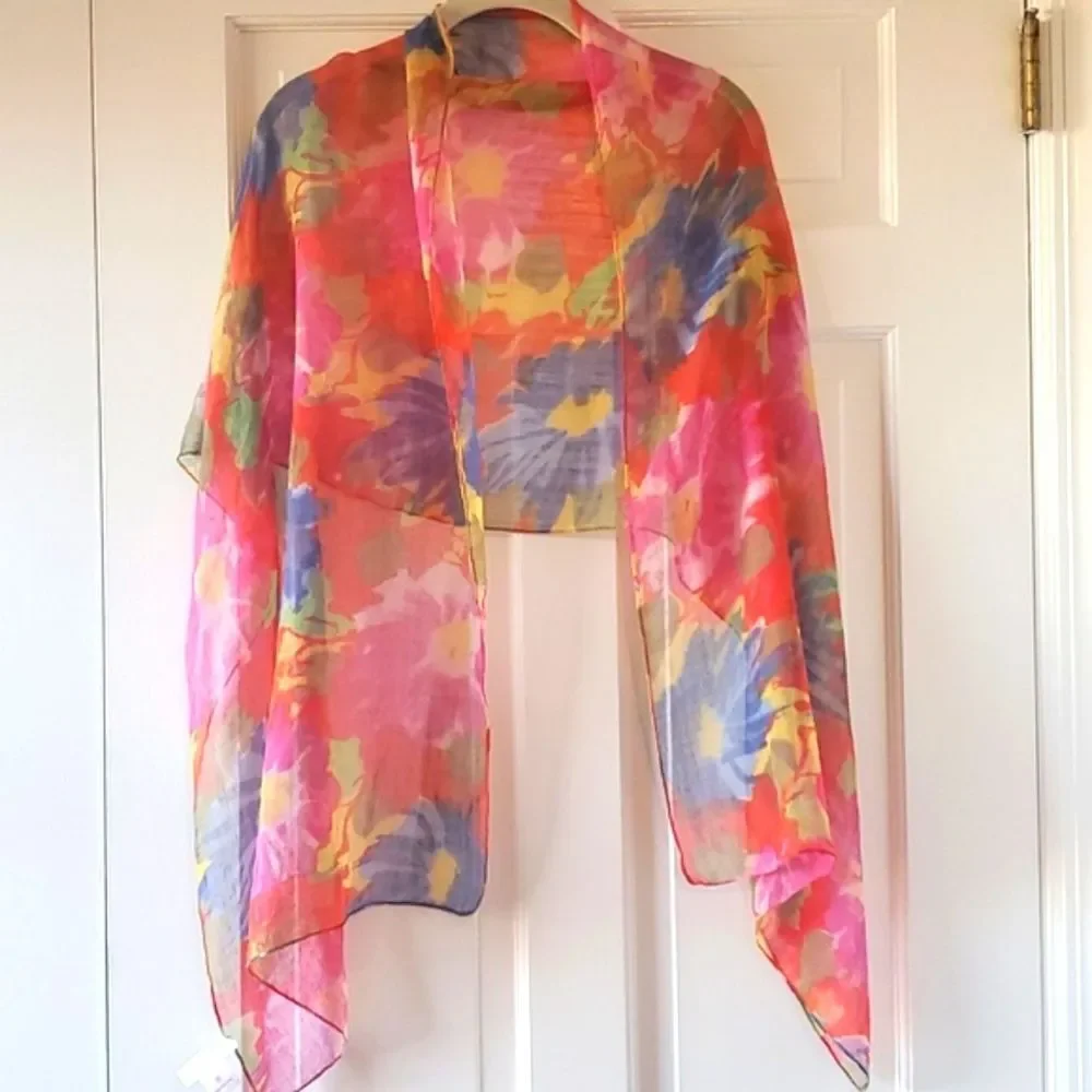 EYEFUL SHEER FLORAL SCARF WRAP RED BLUE YELLOW PINK GREEN